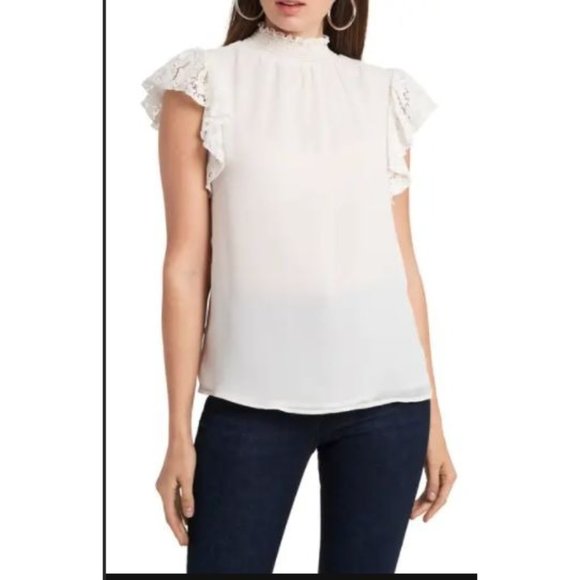 1.State L XL Women's Flutter lace sleeve smocked top - Picture 1 of 8